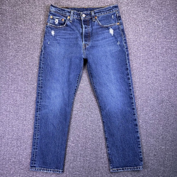 Levis 501 Jeans Womens 28x26 Dark Button Fly Distressed Stretch Denim Fits29x25 - Picture 2 of 16